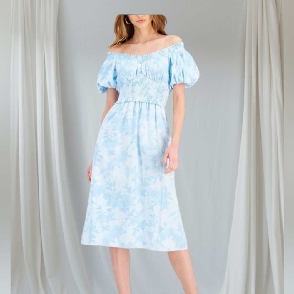 INC International Concepts Cloudy Light Blue Off-Shoulder Midi Puff Sleeve Dress